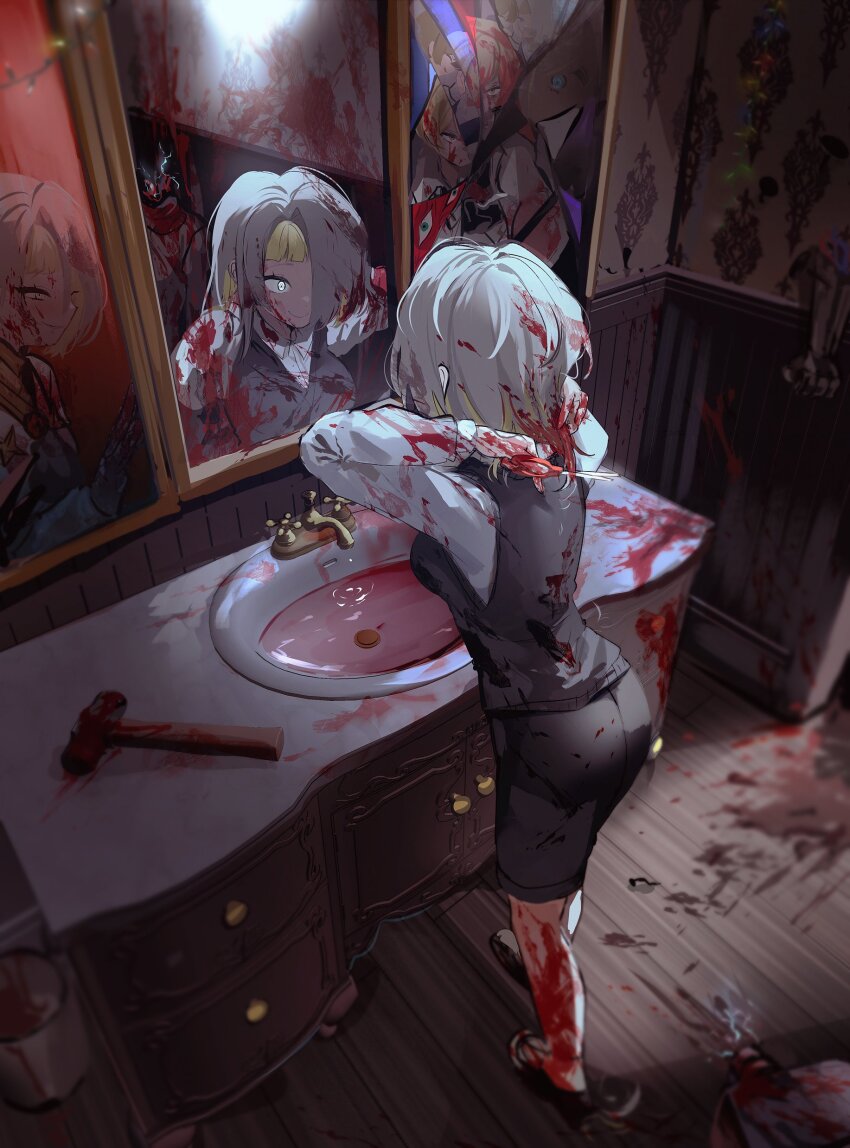 1boy 1girl 1other absurdres bathroom black_vest blonde_hair blood blood_in_hair blood_on_clothes blood_on_face blood_on_hands blood_on_leg blood_splatter bloody_weapon breasts christmas_lights commentary corpse cutting_hair cutting_own_hair cyborg decapitation grey_hair hammer headless highres holding holding_scissors kromer_(project_moon) limbus_company long_sleeves looking_at_mirror looking_at_reflection migishita mirror multicolored_hair murder project_moon scissors shirt shorts sinclair_(project_moon) sink smile sparks symbol-only_commentary two-tone_hair vest weapon white_eyes white_shirt