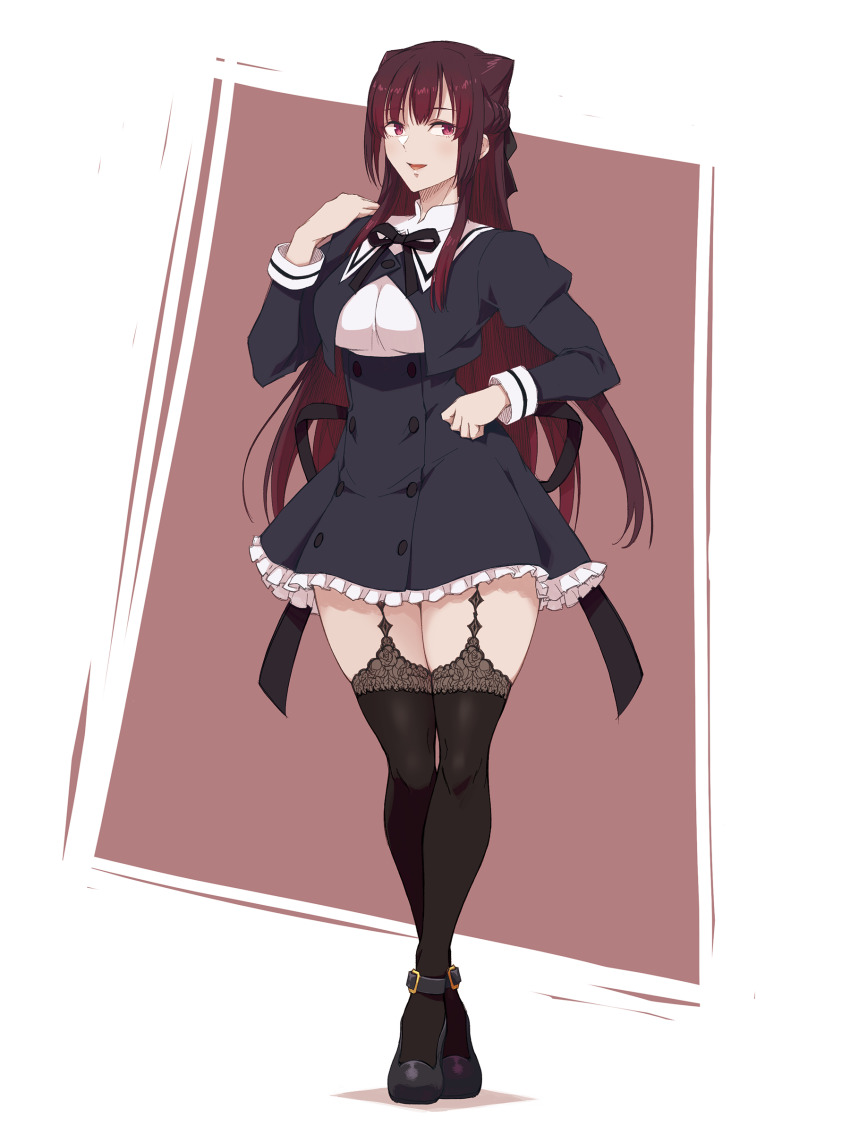 1girl absurdres alternate_hairstyle ankle_strap assault_lily black_bow black_ribbon black_shoes black_skirt black_thighhighs bow braid breasts brown_background buttons commentary_request cone_hair_bun crossed_ankles dated_commentary double_bun french_braid frilled_skirt frills full_body garter_straps gozen_(assault_lily) hair_bow hair_bun hand_on_own_hip hand_up high-waist_skirt highres juliet_sleeves long_hair long_sleeves looking_at_viewer mabuta_kayumi medium_breasts miniskirt neck_ribbon parted_lips pink_eyes puffy_sleeves red_hair ribbon school_uniform shirt shoes sidelocks skirt smile solo standing thighhighs two-tone_background very_long_hair white_background white_shirt yurigaoka_girls_academy_school_uniform