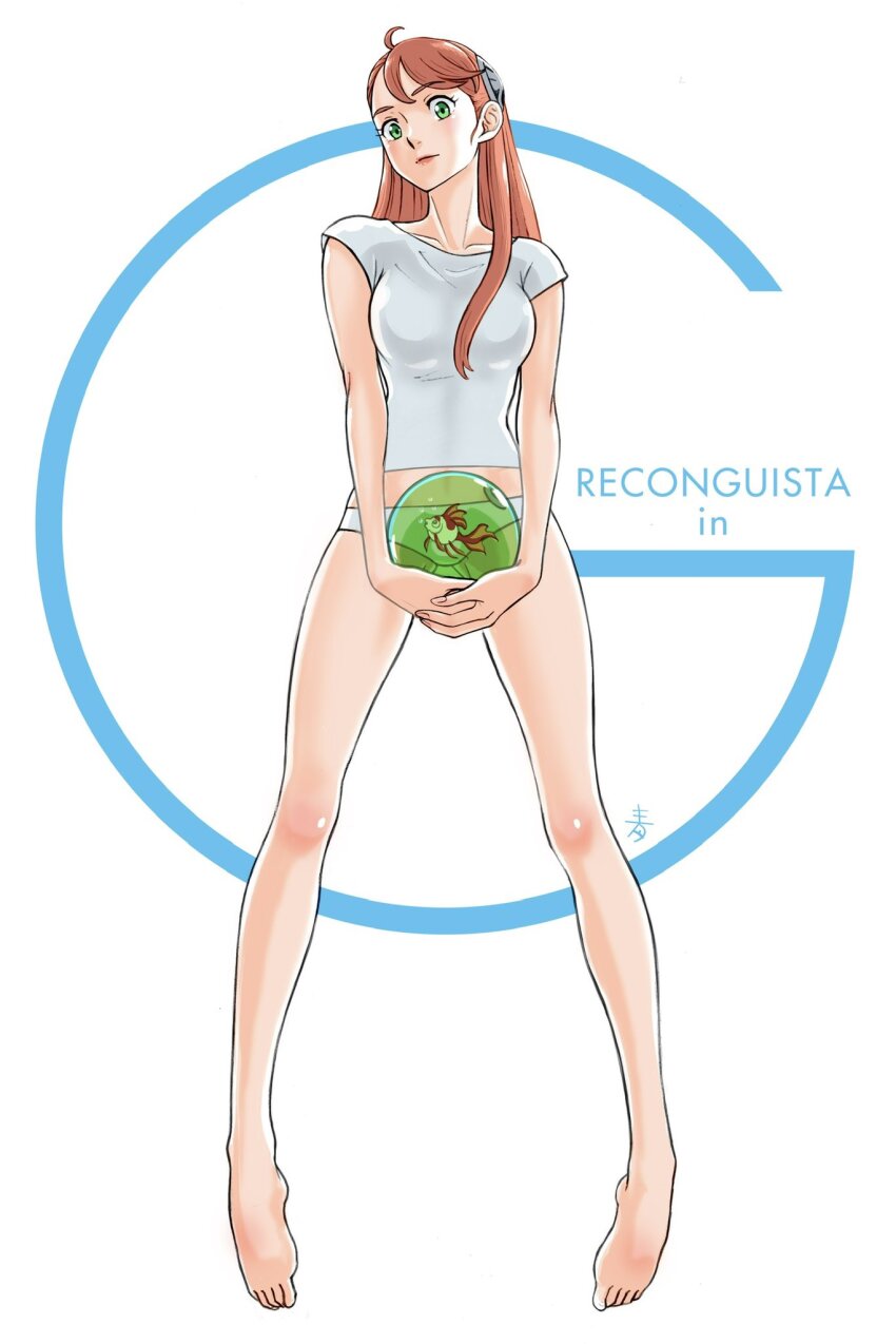 1girl ahoge aida_rayhunton aobito_sukoyaka_bystander barefoot breasts closed_mouth collarbone commentary_request copyright_name eyelashes fish green_eyes gundam gundam_g_no_reconguista highres large_breasts long_hair orange_hair panties pink_lips shirt smile solo underwear white_background white_panties white_shirt