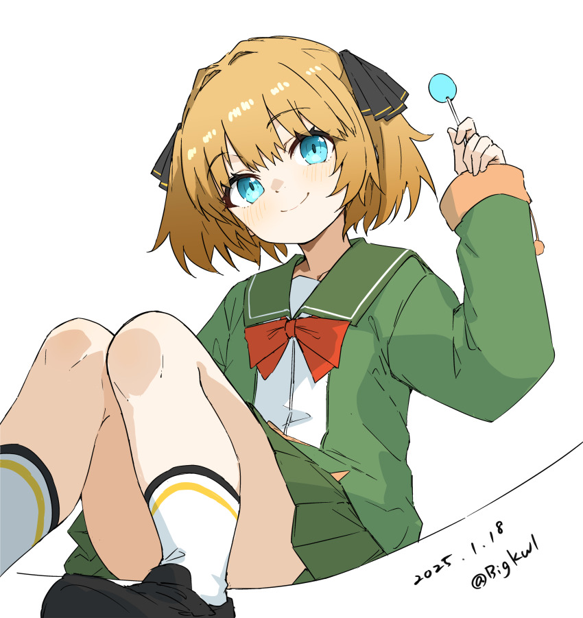 1girl absurdres bigkwl black_ribbon blue_eyes brown_hair candy convenient_leg dated food green_jacket green_sailor_collar green_skirt hachijou_(kancolle) hair_ribbon highres holding holding_candy holding_food holding_lollipop jacket kantai_collection lollipop long_sleeves miniskirt pleated_skirt ribbon sailor_collar school_uniform short_hair sitting skirt smile solo white_background