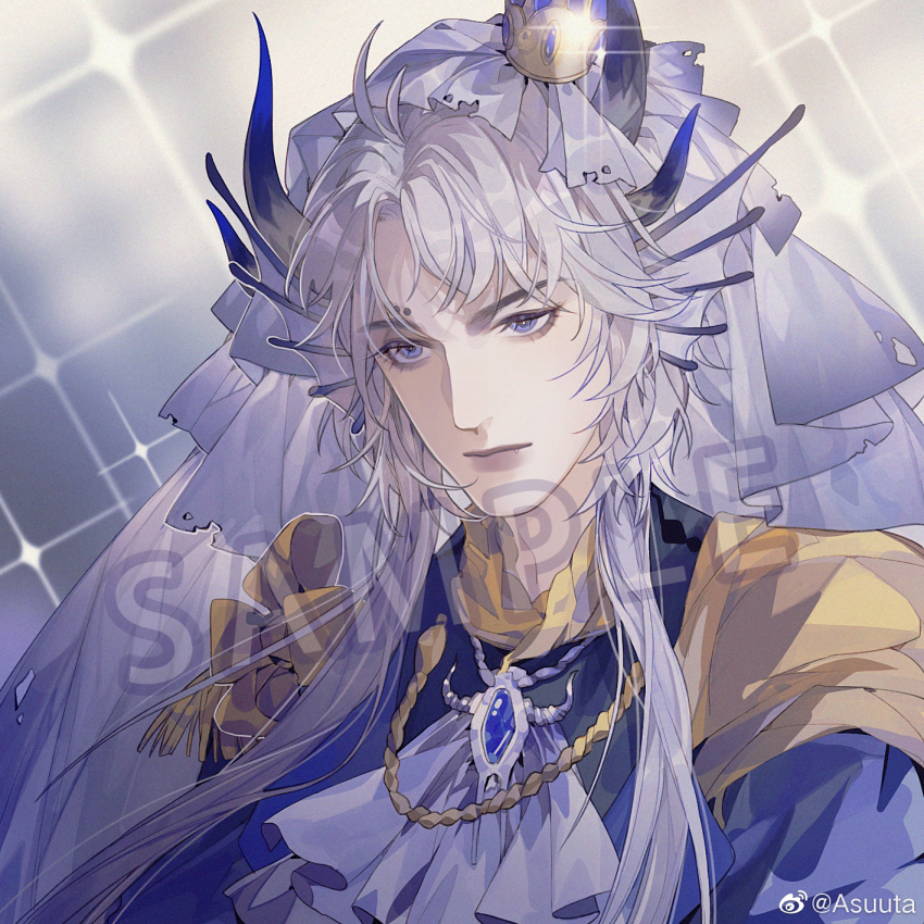 1boy aiguillette ascot asuuta asymmetrical_horns black_shirt blue_brooch blue_coat blue_eyes blue_horns chinese_commentary closed_mouth coat collared_shirt commentary_request commission crown epaulettes expressionless eyelashes fang fang_out fins gleam gold_crown gradient_background grey_background grey_lips head_fins highres horns lips long_hair long_sidelocks looking_at_viewer male_focus mini_crown open_clothes open_coat original parted_bangs sample_watermark shirt sidelocks solo sparkle thick_eyebrows upper_body veil very_long_hair watermark weibo_watermark white_ascot white_hair white_veil