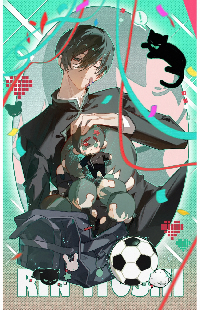 ! 1boy ;| absurdres aqua_background aqua_eyes azha8 bag bag_charm ball bandaid bandaid_on_cheek bandaid_on_face bird black_cat black_hair black_jacket black_pants blue_lock cat character_doll character_name charm_(object) chinese_commentary closed_mouth confetti cowboy_shot doll double-parted_bangs expressionless gakuran hair_between_eyes head_tilt heart highres holding holding_doll itoshi_rin jacket long_bangs long_sleeves looking_at_viewer male_focus one_eye_closed pants pixel_heart school_bag school_uniform short_hair sitting soccer_ball solo sparkle spoken_exclamation_mark streamers