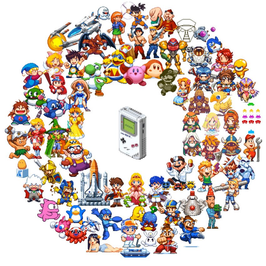 6+boys 6+girls adventure_island anniversary arm_can bird black_hair blonde_hair blue_hair bob_(bubble_bobble) brown_hair bub_(bubble_bobble) bubble_bobble cape character_request chocobo contra copyright_request crown demon&#039;s_crest dinosaur dr._mario dr._mario_(game) dragon_quest dress final_fantasy game_boy game_boy_(original) glass gun handheld_game_console hat highres horns joint kid_dracula kid_dracula_(game) king_dedede kirby kirby_(series) long_hair looking_at_another looking_at_viewer malone marin_(zelda) mario mario_(series) mega_man_(character) mega_man_(series) metroid metroid_2:_return_of_samus monster multiple_boys multiple_girls nintendo orange_dress orange_hair penguin pixelflag princess_daisy red_arremer red_hair robot samus_aran skirt space_invaders spacecraft super_mario_land the_legend_of_zelda:_link&#039;s_awakening tomboy virus_(dr._mario) waddle_dee wario wario_land weapon yoshi