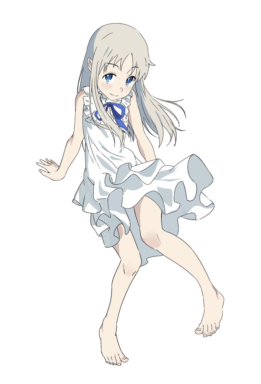 1girl ano_hi_mita_hana_no_namae_wo_bokutachi_wa_mada_shiranai. barefoot blue_eyes blush dress full_body grey_hair highres honma_meiko long_hair looking_at_viewer simo_(user_fshg3833) simple_background smile solo sundress white_background white_dress