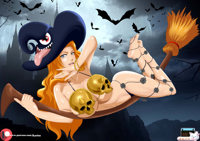 1girl artist_name bare_shoulders barefoot bat_(animal) bleach blue_eyes bracelet breasts broom broom_riding collarbone commission female_focus hat jewelry karlen_arts large_breasts long_hair looking_at_viewer matsumoto_rangiku mole mole_under_mouth night night_sky orange_hair patreon_username shiny_skin sky witch witch_hat