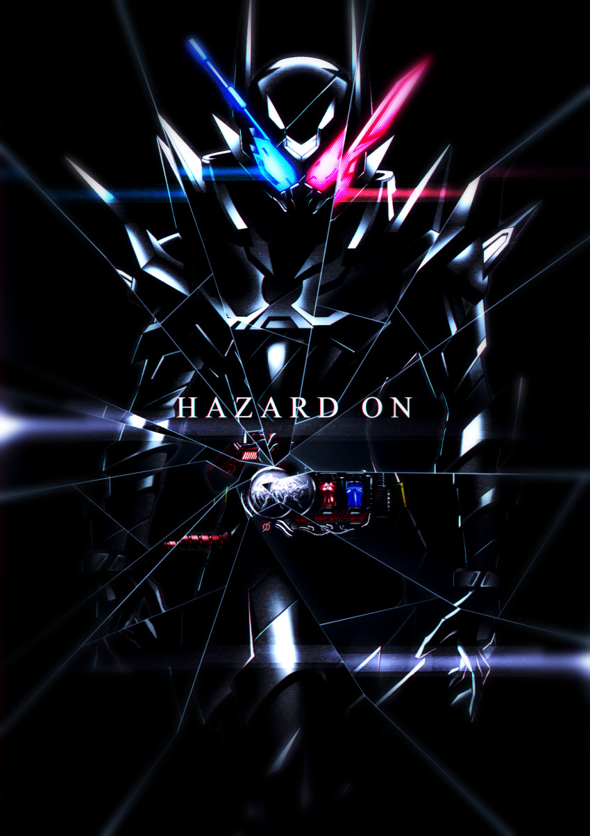 1boy armor belt black_armor blue_eyes build_driver dark rider_belt fullbottle glowing glowing_eyes hazard_trigger helmet heterochromia highres kamen_rider kamen_rider_build kamen_rider_build_(series) kooun_no_ryuusei_zero rabbit+tank_form_(black_hazard) rabbit_fullbottle red_eyes shattered tank_fullbottle tokusatsu