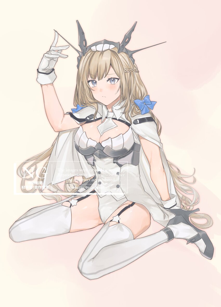 1girl absurdres between_breasts black_shoes blue_bow blush bow breasts brown_hair cleavage closed_mouth commentary_request commission cosplay garter_straps gloves hair_bow headgear high_heels highres kabe_(inunufuwafuwa) kantai_collection leotard long_hair looking_at_viewer maryland_(kancolle) medium_breasts modernized_battleship_princess modernized_battleship_princess_(cosplay) necktie necktie_between_breasts shoes simple_background skeb_commission solo thighhighs watermark white_gloves white_leotard white_necktie white_thighhighs