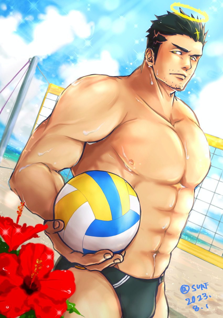 1boy abs absurdres ball bara beach_volleyball beard_stubble black_hair black_male_swimwear bulge facial_hair feet_out_of_frame fire flaming_halo flower from_below halo hibiscus highres holding holding_ball large_pectorals long_sideburns male_focus male_swimwear mature_male muscular muscular_male mustache_stubble navel nipples pectorals playing_sports red_flower safu_(maimai3737) short_hair sideburns sideways_glance solo stomach strongman_waist stubble swim_briefs swimsuit thick_eyebrows tokyo_houkago_summoners topless_male volleyball volleyball_(object) volleyball_net zabaniyya_(fashionista_swimsuit)_(housamo) zabaniyya_(housamo)