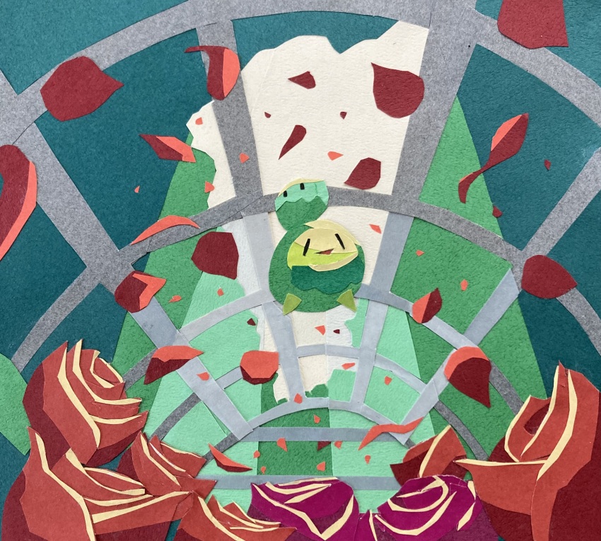 absurdres budew flower full_body gen_4_pokemon highres nintendo no_humans open_mouth paper_cutout_(medium) papercraft_(medium) petals pokemon pokemon_(creature) pokemon_focus red_flower red_petals red_rose rose rose_petals smile solo tori_chiritsu unconventional_media