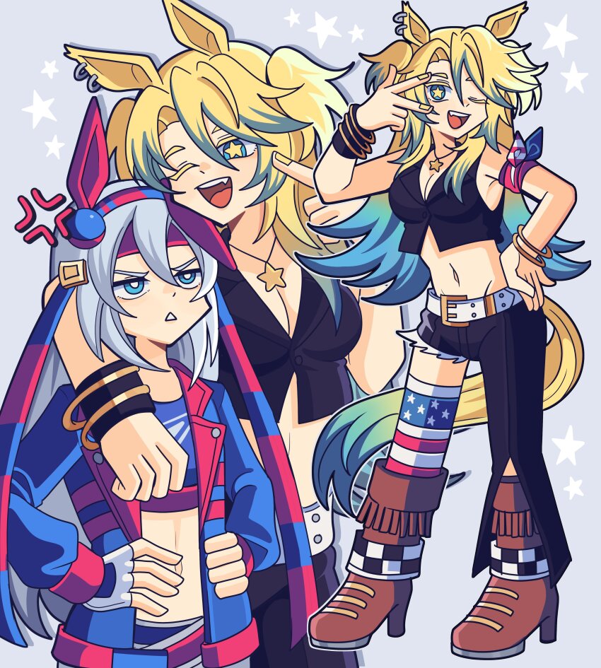 2girls absurdres american_flag american_flag_legwear american_flag_print anger_vein animal_ears asymmetrical_pants bandana_around_arm belt black_pants black_shirt blonde_hair blue_eyes blue_hair blue_hairband blue_jacket blue_sports_bra bobamiruku boots bracelet breasts brown_boots cleavage crop_top cropped_shirt deformed ear_covers ear_ornament fang fingerless_gloves flag_print gloves grey_hair hair_between_eyes hairband headband height_difference high_heel_boots high_heels highres horse_ears horse_girl horse_tail jacket jewelry large_breasts lightning_bolt_print lightning_bolt_symbol long_hair long_sleeves looking_at_viewer midriff multicolored_hair multiple_girls navel necklace obey_your_master_(umamusume) one_eye_closed open_mouth pants red_belt red_headband shirt single_thighhigh sleeveless sleeveless_shirt smile sports_bra star-shaped_pupils star_(symbol) star_necklace striped_clothes striped_hairband symbol-shaped_pupils tail tamamo_cross_(umamusume) tamamo_cross_(with_lightning_speed)_(umamusume) teeth thighhighs two-tone_hair umamusume umamusume:_cinderella_gray upper_teeth_only very_long_hair w white_belt white_pants yellow_nails