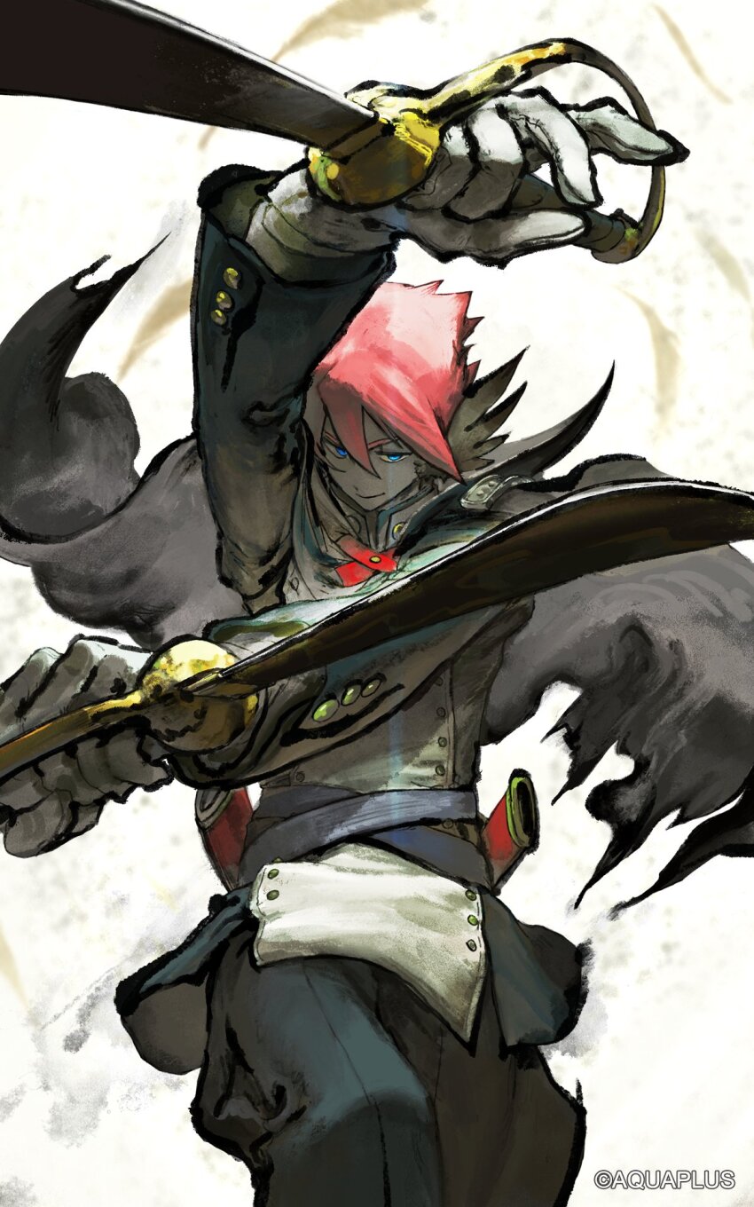 black_capelet blue_eyes capelet closed_mouth commentary_request dual_wielding head_wings highres holding holding_sword holding_weapon military_uniform official_art oku_(2964_okn) ougi red_hair scabbard sheath simple_background smile sword utawarerumono utawarerumono:_futari_no_hakuoro utawarerumono:_itsuwari_no_kamen utawarerumono:_lost_flag weapon wings