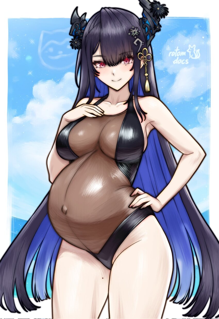 1girl alternate_costume artist_name asymmetrical_horns big_belly black_flower black_hair black_horns black_one-piece_swimsuit blue_hair blue_sky blush border breasts closed_mouth cloud colored_inner_hair commission corrupted_twitter_file cowboy_shot demon_horns flower hair_ornament hand_on_own_chest hand_on_own_hip highleg highleg_one-piece_swimsuit highres hololive hololive_english horn_flower horns large_breasts long_hair looking_at_viewer mole mole_on_thigh mole_under_eye multicolored_hair navel nerissa_ravencroft one-piece_swimsuit outie_navel outside_border pregnant red_eyes rotomdocs see-through_clothes see-through_one-piece_swimsuit sky smile solo standing swimsuit tassel tassel_hair_ornament two-tone_hair uneven_horns very_long_hair virtual_youtuber white_border