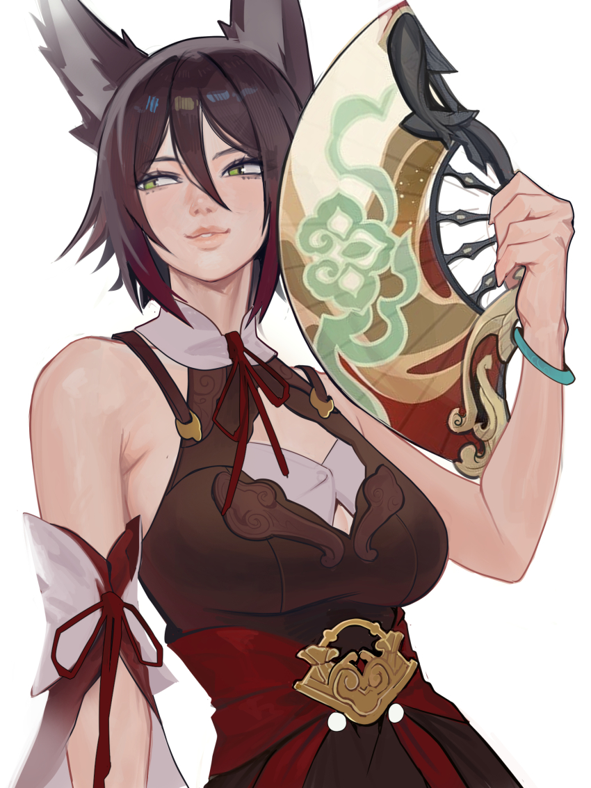 1girl animal_ears bracelet brown_dress brown_hair commentary detached_sleeves distr dress english_commentary folding_fan fox_ears fox_girl gradient_hair green_eyes halterneck hand_fan hand_up highres holding holding_fan honkai:_star_rail honkai_(series) jade_bracelet jewelry multicolored_hair neck_ribbon paid_reward_available paper_fan parted_lips pink_hair print_folding_fan print_paper_fan red_hair red_sash ribbon sash short_hair sideways_glance simple_background sleeveless sleeveless_dress solo straight_hair tingyun_(harmony)_(honkai:_star_rail) tingyun_(honkai:_star_rail) upper_body white_background
