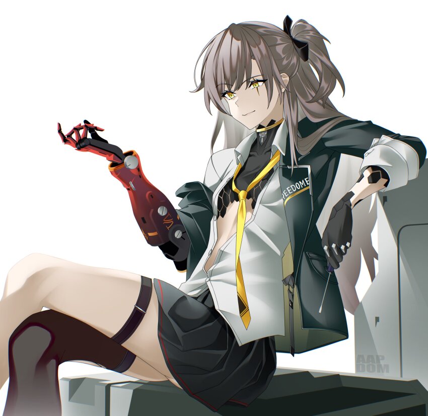 1girl aapdom absurdres artist_name black_jacket black_skirt brown_hair collared_shirt commentary crossed_legs english_commentary girls&#039;_frontline girls&#039;_frontline_2:_exilium highres jacket leva_(girls&#039;_frontline_2) long_hair loose_necktie mechanical_arms necktie one_side_up open_clothes open_jacket partially_unbuttoned pleated_skirt prosthesis prosthetic_arm scar scar_across_eye scar_on_face shirt simple_background single_mechanical_arm single_off_shoulder single_thighhigh sitting skirt solo thighhighs ump45_(girls&#039;_frontline) white_background white_shirt yellow_necktie