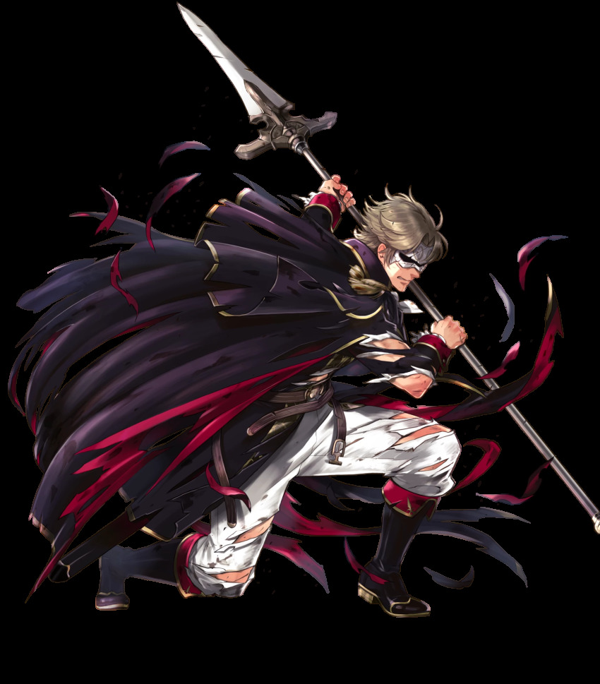 1boy belt blonde_hair boots camus_(fire_emblem) cape epaulettes fire_emblem fire_emblem:_mystery_of_the_emblem fire_emblem_heroes full_body highres injury male_focus mask nintendo official_art polearm solo spear suekane_kumiko sword teeth torn_clothes transparent_background weapon