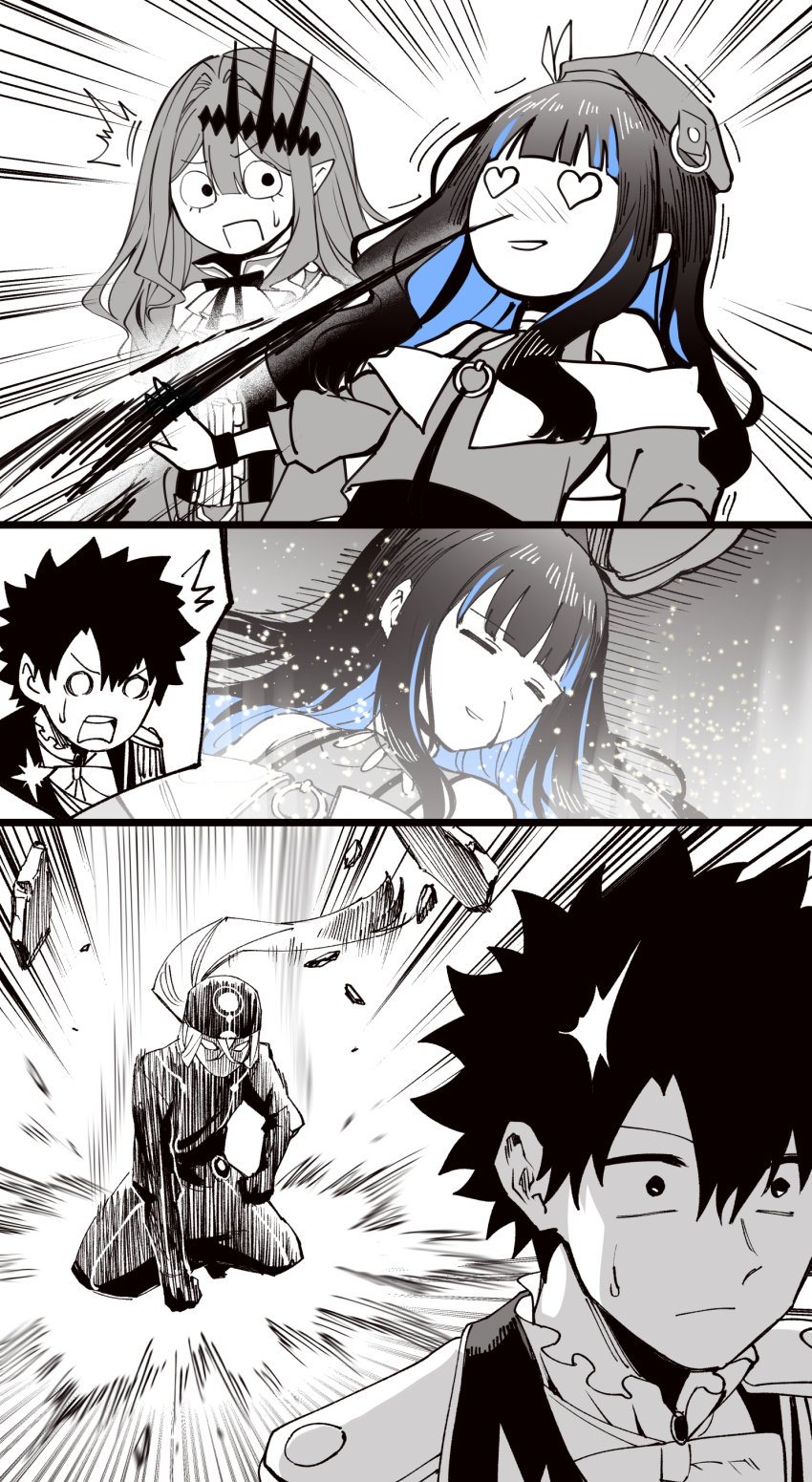 2boys 2girls absurdres asclepius_(fate) baobhan_sith_(fate) baobhan_sith_(first_ascension)_(fate) beret blood buttons center_frills commentary_request detached_sleeves dress fate/grand_order fate_(series) frills fujimaru_ritsuka_(male) fujimaru_ritsuka_(male)_(halloween_royalty) greyscale hair_ornament hat heart highres hirunagi long_hair long_sleeves mask monochrome mouth_mask multiple_boys multiple_girls neck_ribbon nosebleed official_alternate_costume pointy_ears ribbon shirt short_hair spot_color sweatdrop tenochtitlan_(fate) tenochtitlan_(second_ascension)_(fate) wavy_hair