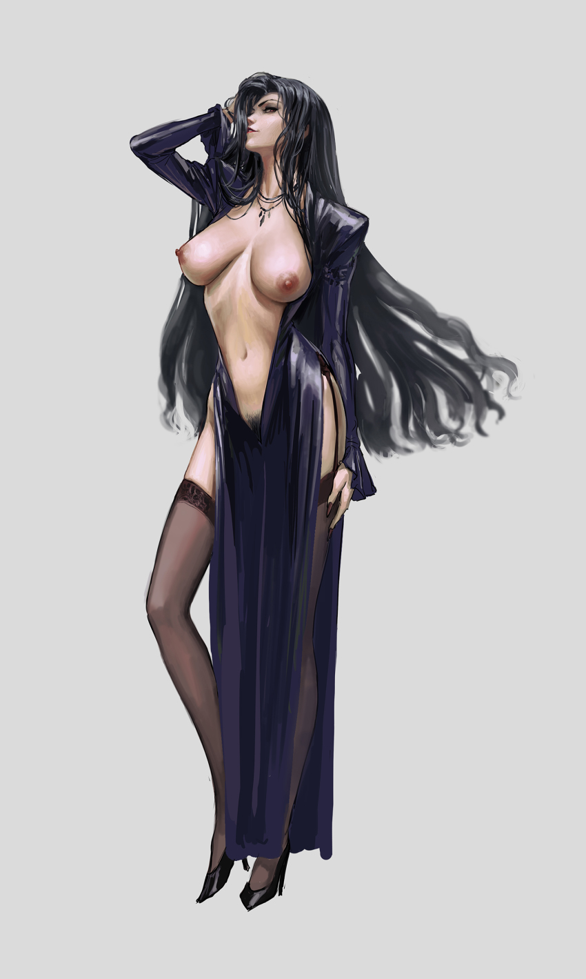 1girl absurdres bad_id black_hair black_thighhighs breasts brown_nails dress eyeliner female_focus female_pubic_hair full_body garter_straps grey_background grin high_heels highres jewelry kanoe_(x) large_breasts lipstick long_hair looking_at_viewer makeup navel necklace nipples open_clothes open_dress pubic_hair pubic_hair_peek purple_dress red_eyes red_lips simple_background smile solo standing thighhighs very_long_hair x_(manga) zjl_baiqishi
