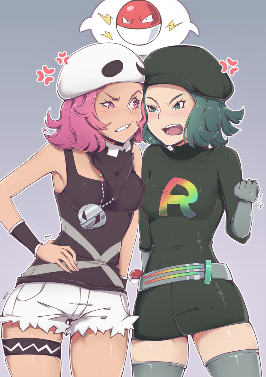 2girls anger_vein angry arguing belt black_dress black_gloves black_headwear black_shirt blush breasts clenched_hand commentary creature dress english_commentary furrowed_brow gen_1_pokemon gloves gradient_background green_eyes green_hair grey_background hand_on_own_hip highres jewelry long_sleeves medium_breasts medium_hair milka_(milk4ppl) multiple_girls necklace nintendo pink_eyes pink_hair poke_ball poke_ball_(basic) pokemon pokemon_(creature) pokemon_sm pokemon_usum shirt short_dress small_breasts team_rainbow_rocket team_rainbow_rocket_grunt team_rainbow_rocket_grunt_(female) team_rainbow_rocket_uniform team_skull team_skull_grunt team_skull_grunt_(female) team_skull_uniform thighhighs thighs trembling voltorb white_headwear