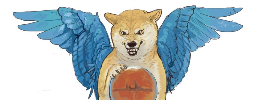 animal animal_focus blue_wings dog doge feathered_wings highres mossacannibalis no_humans orb sharp_teeth shiba_inu simple_background teeth twitter white_background wings