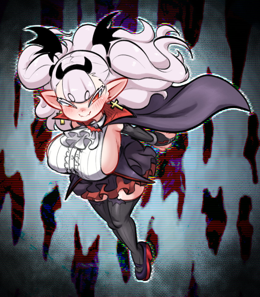 1girl abstract_background ascot bat_ornament bracelet breasts cape chromatic_aberration colored_eyelashes cross cross_earrings draculina_(last_origin) dress earrings elbow_gloves fangs frilled_skirt frills gloves grey_hair hair_ornament highres horns huge_breasts jellot jewelry large_breasts last_origin layered_skirt long_hair looking_at_viewer mary_janes pinafore_dress pointy_ears red_eyes ribbed_dress shoes sideboob skirt sleeveless sleeveless_dress smile solo thighhighs two_side_up vampire very_long_hair wavy_hair