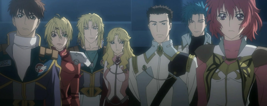 3girls 4boys anime_screenshot banpresto blonde_hair blue_eyes blue_hair brown_eyes brown_hair heterochromia highres ibis_douglas irmgult_kazahara katina_tarask leona_garstein multiple_boys multiple_girls purple_eyes raidese_f_branstein red_hair russel_bagman ryuusei_date stitched super_robot_wars super_robot_wars_original_generation third-party_edit