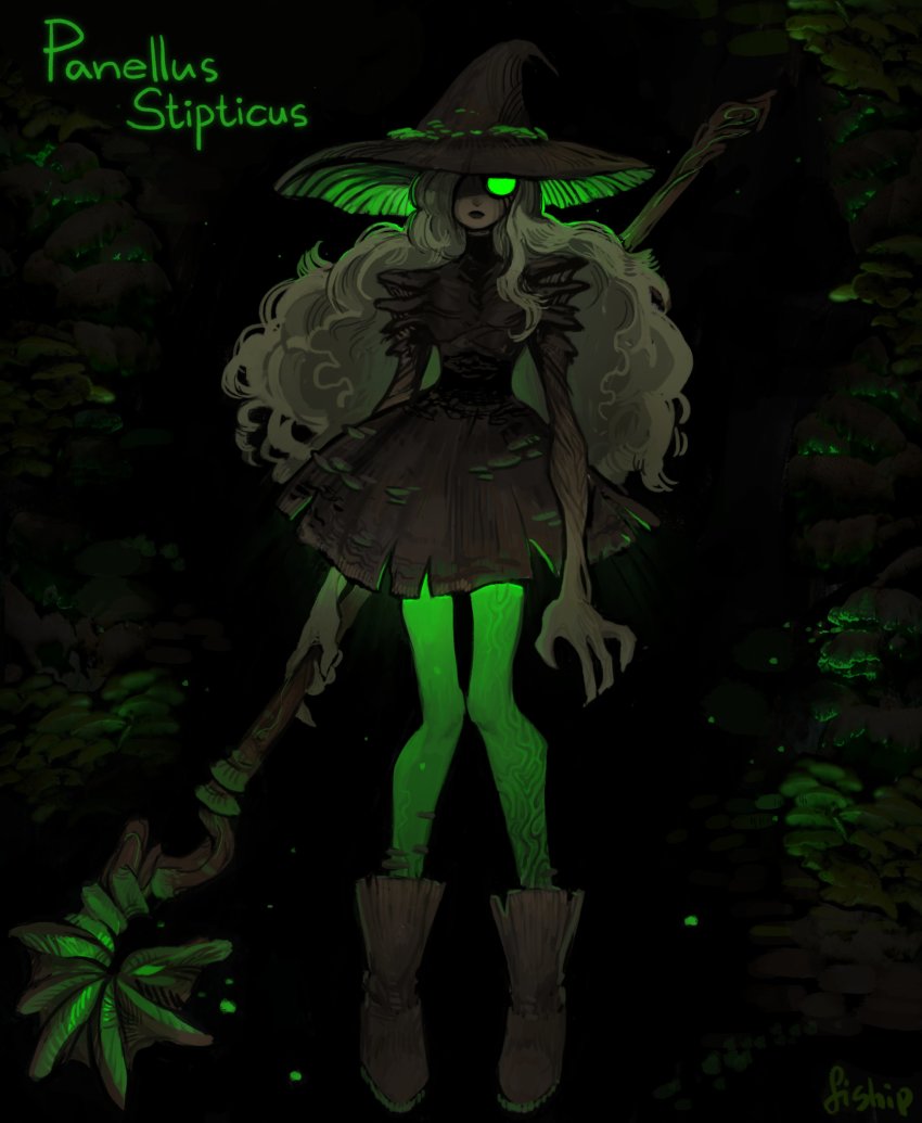 1girl absurdres ankle_boots big_hair black_background boots brown_dress closed_mouth dress green_eyes green_pantyhose grey_hair hair_over_one_eye hat highres holding holding_staff looking_at_viewer matilda_fiship mushroom_girl one_eye_covered original pantyhose short_dress signature solo staff witch witch_hat
