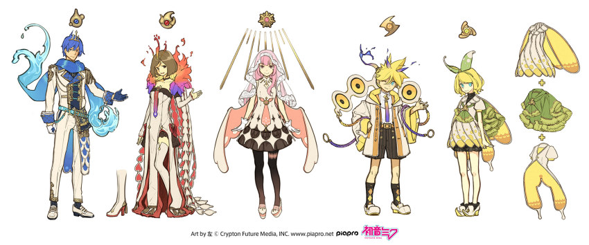 2boys 3girls aqua_eyes argyle_clothes argyle_footwear badge belt black_shorts black_socks blonde_hair blue_eyes blue_gloves blue_hair blue_neckwear blue_scarf bow brown_eyes brown_hair cape character_profile clothing_request collarbone commentary dress feathered_cape fire formal_clothes full_body gloves gradient_necktie gradient_neckwear green_bow green_cape green_neckwear hair_bow headpiece hidari_(left_side) highres jacket kagamine_len kagamine_rin kaito_(vocaloid) kneehighs lace-trimmed_garter_straps light_rays liquid_clothes long_hair looking_at_viewer magical_mirai_(vocaloid) magical_mirai_kaito magical_mirai_kaito_(2021) magical_mirai_len magical_mirai_len_(2021) magical_mirai_luka magical_mirai_luka_(2021) magical_mirai_meiko magical_mirai_meiko_(2021) magical_mirai_rin magical_mirai_rin_(2021) megurine_luka meiko_(vocaloid) multiple_boys multiple_girls neckerchief necktie official_art one_eye_closed open_mouth pants pink_eyes pink_hair scarf short_hair shorts side_slit sleeveless sleeveless_dress smile socks speaker spiked_hair standing suit thighhighs two-tone_gloves veil vocaloid white_background white_dress white_footwear white_gloves white_jacket white_legwear white_pants white_sleeves wide_sleeves yellow_neckwear zettai_ryouiki
