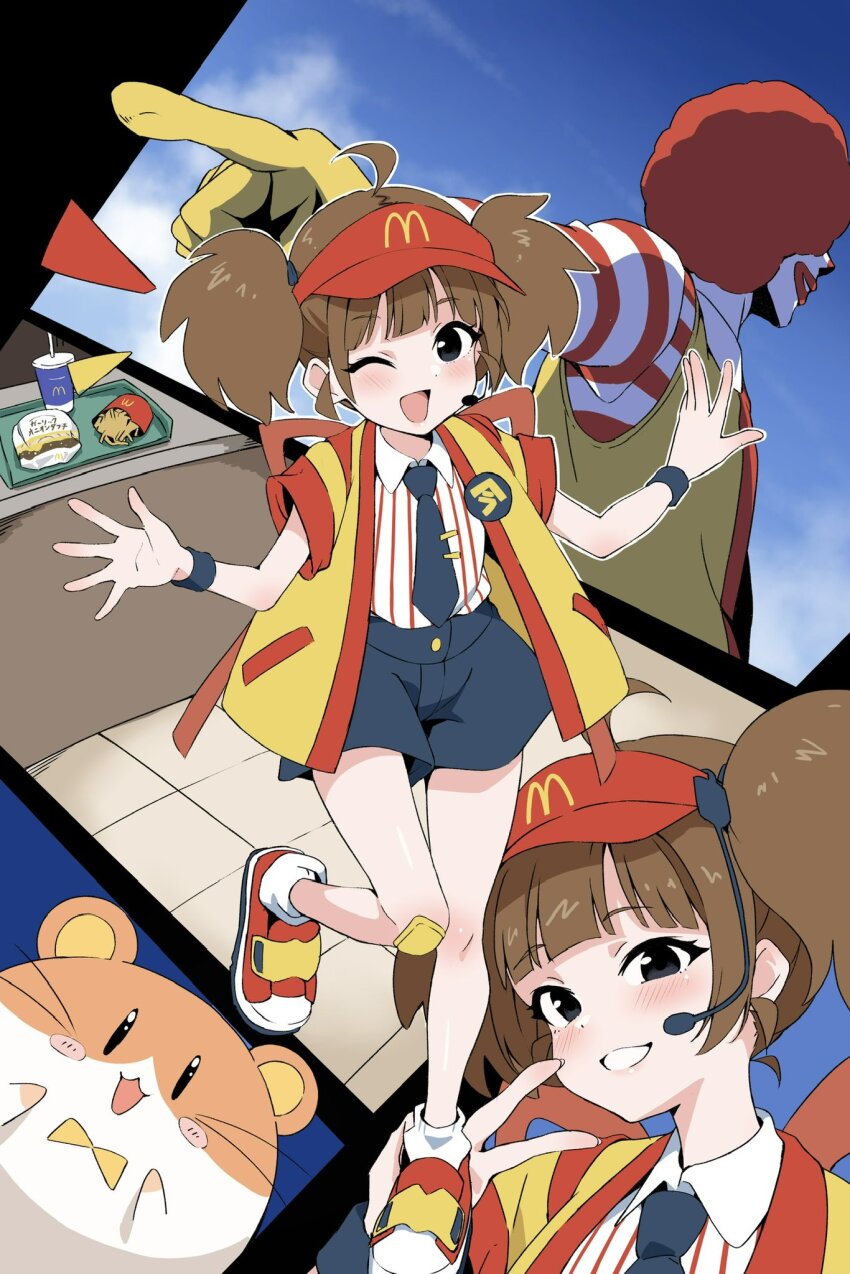 1boy 1girl aozora_tsuru back_bow badge bandaid bandaid_on_knee bandaid_on_leg black_eyes blue_necktie blue_shorts blue_sky bow brown_hair burger button_badge cloud cloudy_sky clown commentary cup disposable_cup dress_shirt drinking_straw employee_uniform fast_food_uniform food french_fries grin hamster hat headset highres imadake_dabuchi_tabemi imadake_dabuchi_tabesuke leg_up mcdonald&#039;s multiple_views necktie notice_lines one_eye_closed red_hat red_shoes ronald_mcdonald shirt shoes short_hair short_shorts shorts sky smile sneakers socks standing standing_on_one_leg striped_clothes striped_shirt tasuki tie_clip twintails v vertical-striped_clothes vertical-striped_shirt visor_cap white_shirt white_socks wing_collar wristband yellow_happi
