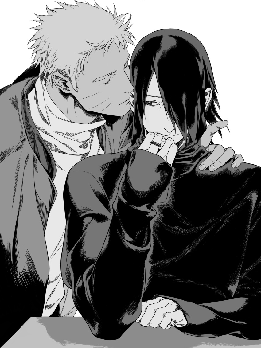 2boys absurdres banana81137 chinese_commentary closed_eyes closed_mouth commentary_request facial_mark greyscale hair_behind_ear hair_over_one_eye hand_to_own_mouth highres jacket jewelry kiss long_sleeves looking_to_the_side male_focus monochrome multiple_boys naruto_(series) one_eye_covered open_clothes open_jacket parted_bangs ring shirt short_hair sideburns sideways_glance simple_background sitting sleeves_past_wrists smile table turtleneck uchiha_sasuke upper_body uzumaki_naruto whisker_markings white_background yaoi