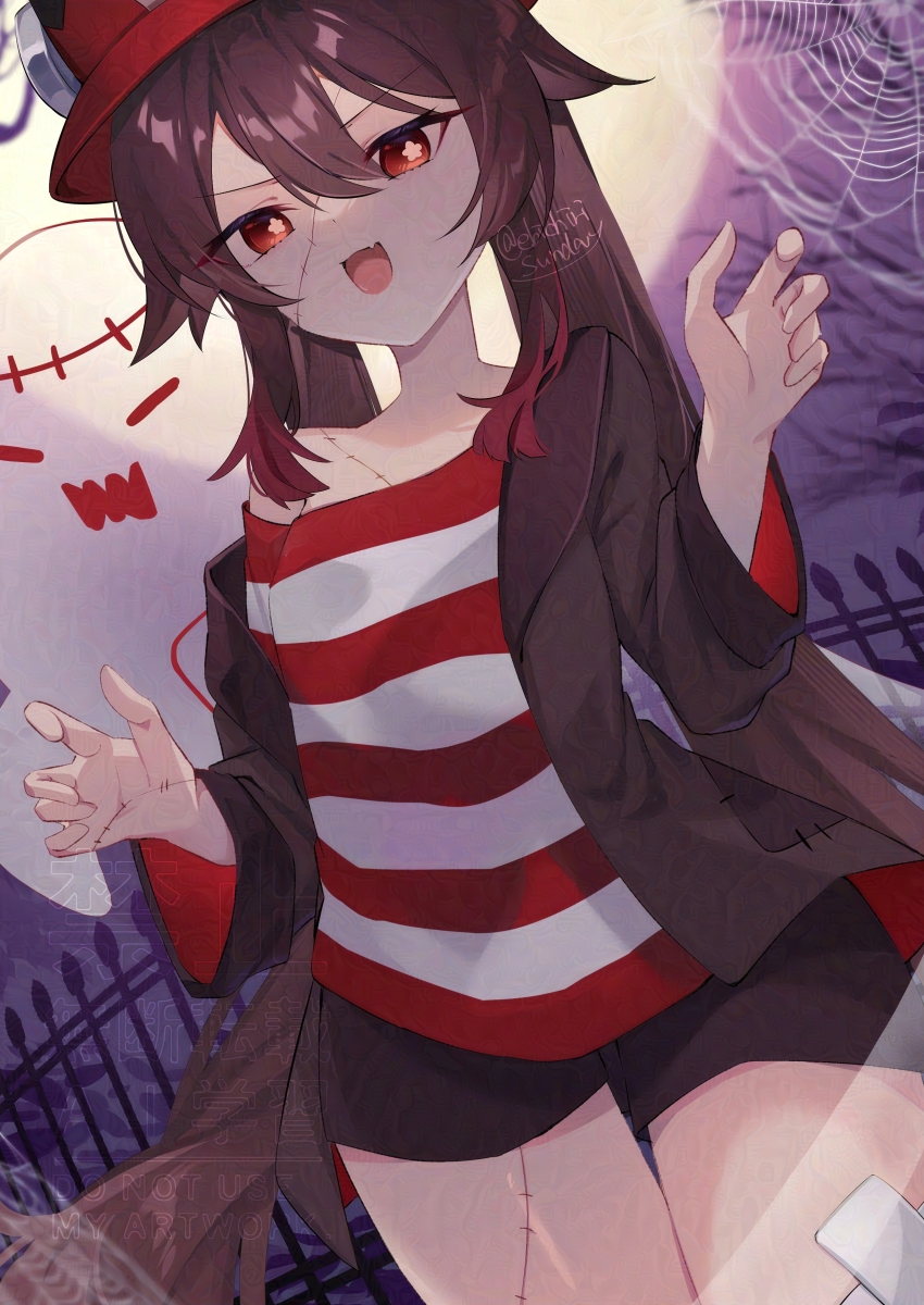 1girl :d absurdres alternate_costume black_shorts boo_tao_(genshin_impact) brown_hair brown_jacket claw_pose commentary commentary_request cowboy_shot ebichiri_sunday english_commentary fang flower-shaped_pupils genshin_impact ghost hair_between_eyes halloween halloween_costume hat highres hu_tao_(genshin_impact) jacket long_hair looking_at_viewer mixed-language_commentary moon night off_shoulder open_mouth red_eyes red_hat shirt shorts silk skin_fang smile spider_web stitches striped_clothes striped_shirt symbol-shaped_pupils twintails