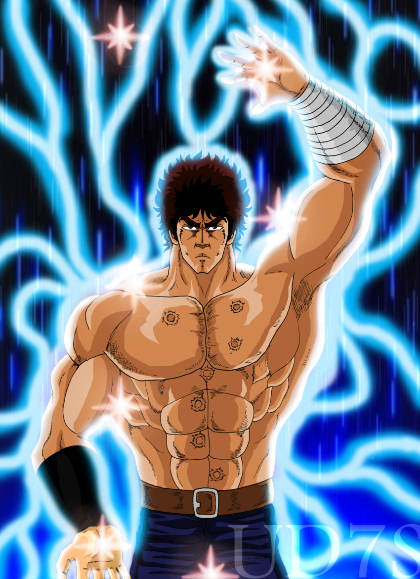 1boy abs arm_warmers aura belt big_dipper brown_eyes brown_hair constellation denim fighting_stance highres hokuto_no_ken hokuto_shinken_hi_ogi_tenha_no_kamae jeans kenshiro looking_at_viewer male_focus man_face multicolored_hair muscular muscular_male pants scar scar_on_chest single_arm_warmer single_bracer solo thick_eyebrows topless_female topless_male