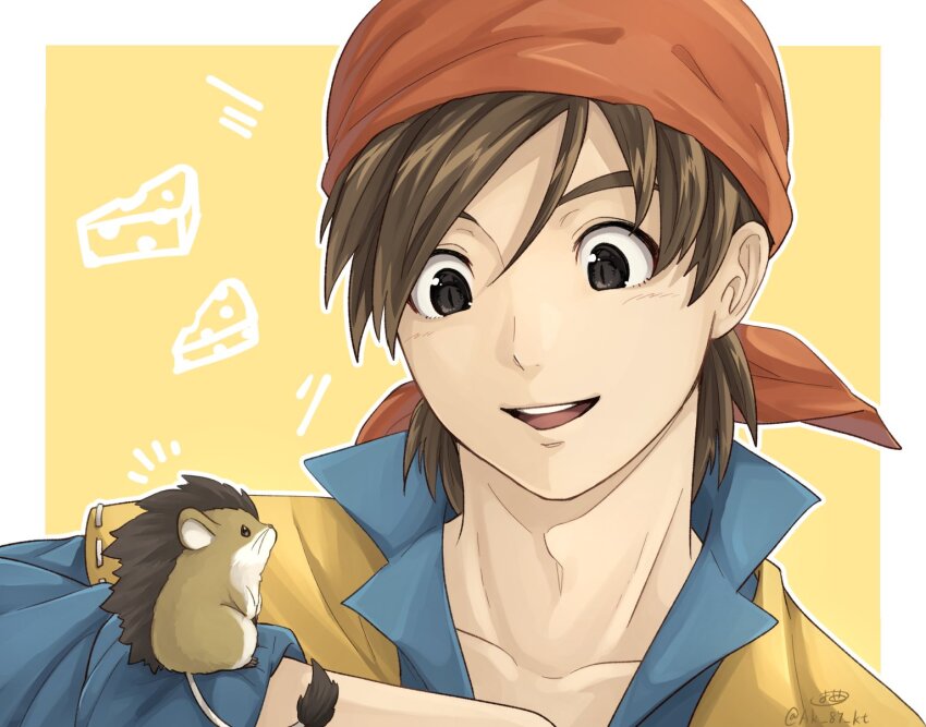1boy 1other ak_87_kt bandana black_eyes blue_shirt border brown_hair cheese collarbone commentary_request dragon_quest dragon_quest_viii food hero_(dq8) highres looking_at_animal looking_down male_focus mouse_(animal) munchie_(dq8) open_mouth orange_bandana shirt short_hair sleeves_rolled_up upper_body vest white_border yellow_background yellow_vest