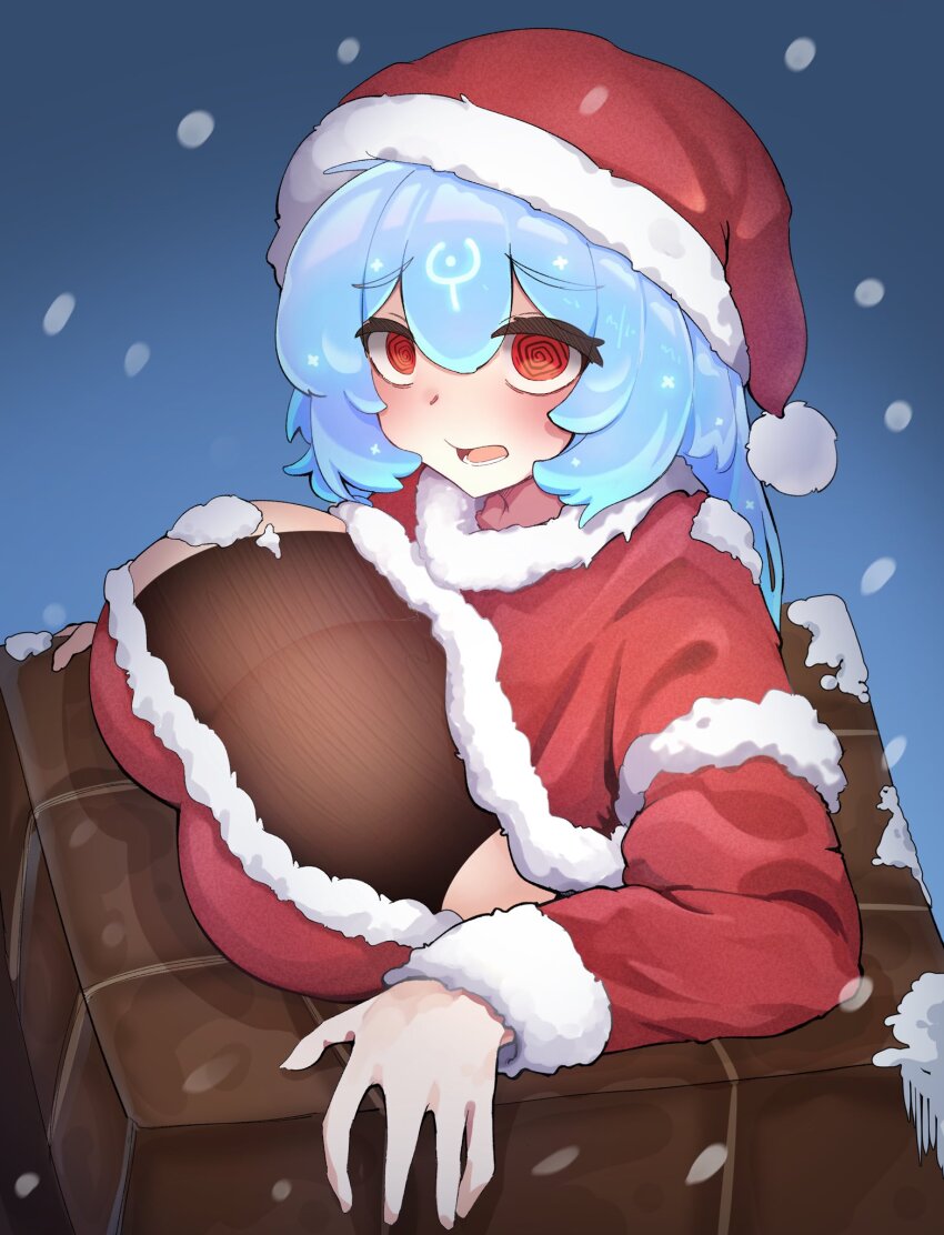 1girl @_@ bao_(vtuber) blue_hair breasts chimney cleavage fur-trimmed_headwear fur_trim hat highres indie_virtual_youtuber large_breasts long_hair open_mouth red_eyes red_hat sae_art santa_costume santa_hat see-through_cleavage see-through_clothes snow snowing solo stuck