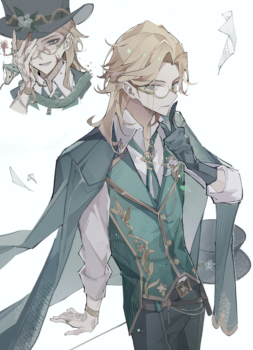 1boy :d belt bishounen blonde_hair blood blood_on_face brown_belt cowboy_shot finger_to_mouth gloves gold_trim green_eyes green_glove green_jacket green_necktie green_pants green_vest hair_intakes hat heterochromia highres identity_v injury jacket jacket_on_shoulders leaning_on_table long_hair looking_at_viewer male_focus mole mole_under_mouth necktie official_alternate_costume open_mouth pants richard_sterling richard_sterling_(art_dealer) semi-rimless_eyewear shaded_face shirt shushing single_glove sleeves_rolled_up smile snake solo top_hat vest white_shirt yellow-framed_eyewear yellow_eyes yue_(shemika98425261)