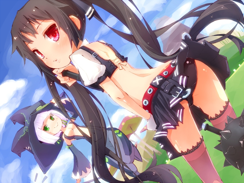 2girls ass back belt black_hair breasts cadie cleavage detached_sleeves dutch_angle green_eyes hat hato_haru kooh looking_back mace multiple_girls pangya panties pink_eyes skirt small_breasts thighhighs twintails underwear weapon white_hair witch_hat