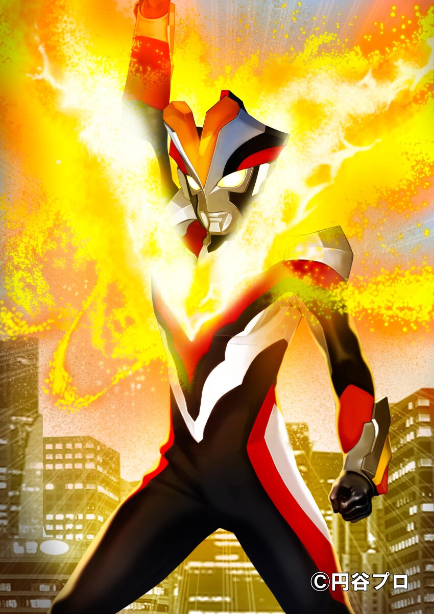 1boy absurdres alien arm_guards arm_up armor aura black_skin blue_sky breastplate building city cityscape clenched_hand color_timer colored_skin commentary company_name compound_eyes copyright_notice cowboy_shot crest crystal dorsal_fin emphasis_lines energy facial_mark feelone fiery_aura fire glowing glowing_eyes gradient_eyes highres legs_apart light_particles looking_ahead male_focus multicolored_eyes multicolored_skin outdoors pectorals powering_up red_skin shoulder_armor shoulder_pads silver_skin sky skyscraper solo standing tokusatsu toned toned_male ultra_series ultraman_ginga_(series) ultraman_ginga_s ultraman_victory white_eyes wrinkled_skin yellow_eyes