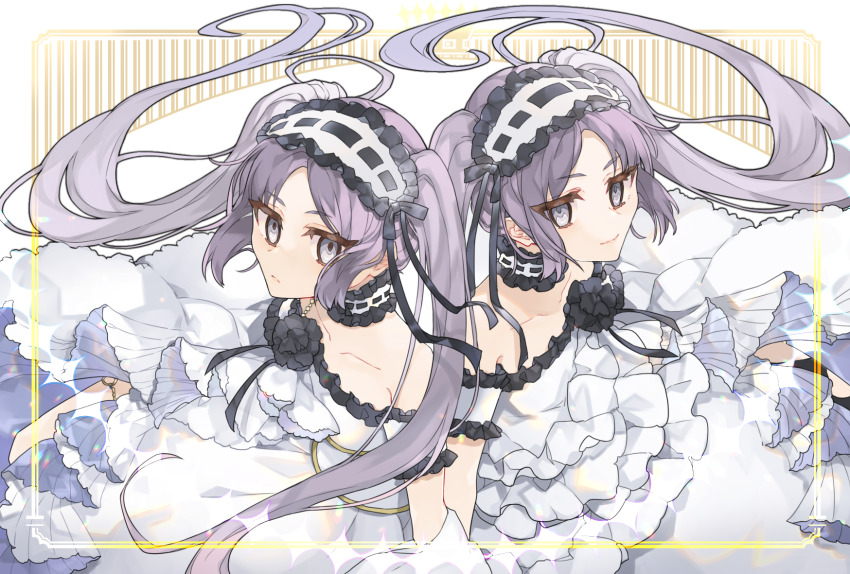 2girls bare_shoulders border choker commentary dress euryale_(fate) fate/grand_order fate_(series) frilled_choker frilled_hairband frills grey_eyes hairband highres kamo860 long_hair looking_at_viewer multiple_girls purple_hair siblings single_strap sisters smile stheno_(fate) strapless strapless_dress twins twintails very_long_hair white_dress yellow_border
