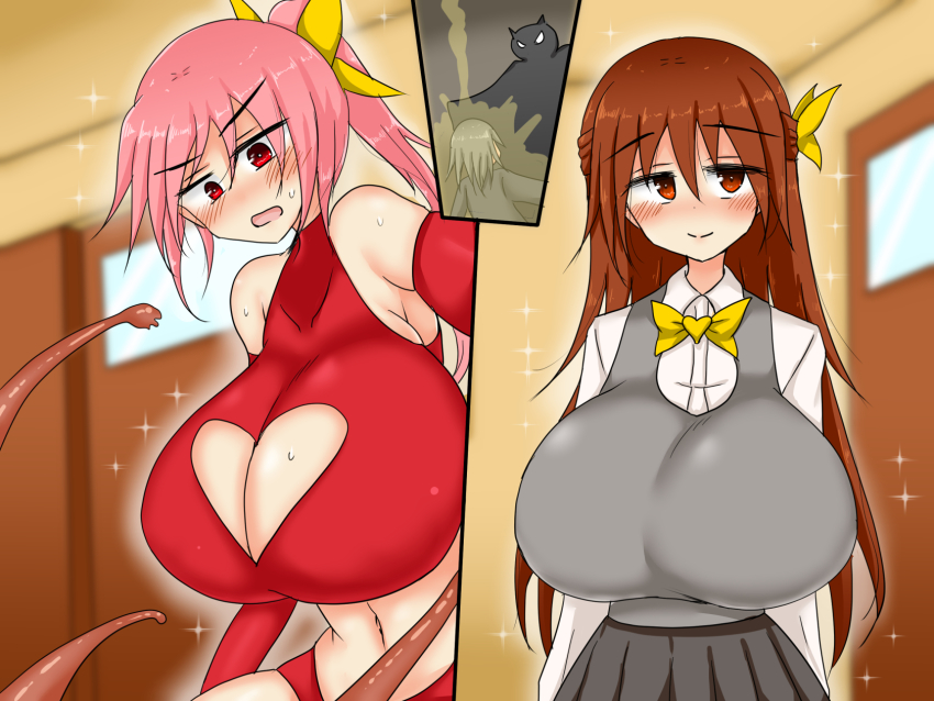 1girl blush breasts cleavage cleavage_cutout clothing_cutout female_focus heart heart_cutout highres huge_breasts imminent_penetration monster open_mouth orange_hair pink_hair school school_uniform superhero_costume tentacles tera_zilla