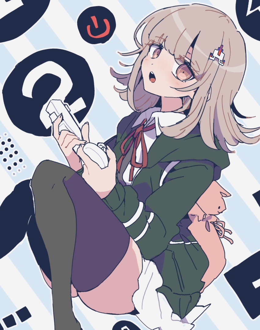 1girl bag black_thighhighs brown_eyes collared_shirt controller danganronpa_(series) danganronpa_2:_goodbye_despair game_controller green_jacket hair_ornament highres hood hood_down hooded_jacket jacket light_brown_hair long_sleeves looking_at_viewer nanami_chiaki neck_ribbon nojima_minami open_clothes open_jacket open_mouth red_ribbon ribbon shirt simple_background skirt solo thighhighs white_shirt wii_remote