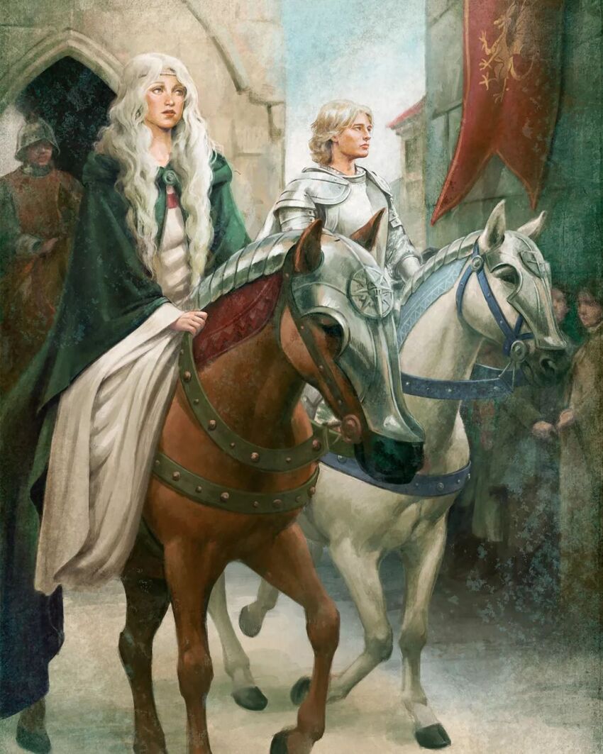 animal armor arthurian_legend blonde_hair breastplate bridle cape closed_mouth full_armor gauntlets greaves helm helmet highres holding holding_reins horse horseback_riding knight lady_of_the_lake lancelot_du_lac long_hair medieval multiple_boys multiple_girls pauldrons plate_armor poorsailor reins riding saddle short_hair shoulder_armor white_horse