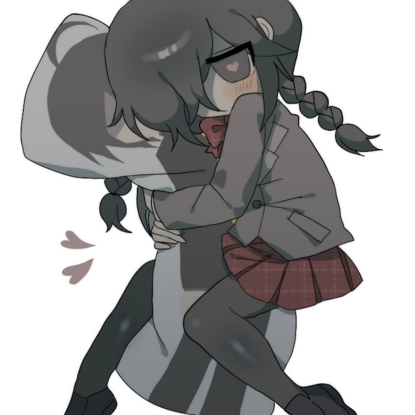 black_hair black_pantyhose black_shoes body_pillow bow braid brown_jacket deliriumcenter funamusea hair_over_one_eye heart heart-shaped_pupils highres hug hugging_object jacket kurai_shinya kurai_yonaka mogeko_castle pantyhose pillow red_bow red_skirt shoes skirt symbol-shaped_pupils