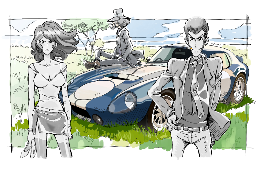 1girl 2boys absurdres arsene_lupin_iii car cigarette clothes_lift greyscale hair_over_one_eye hand_on_own_hip high_heels highres jacket jigen_daisuke looking_at_viewer lupin_iii midriff_peek mine_fujiko miniskirt monochrome motor_vehicle multiple_boys necktie shelby shelby_cobra_daytona_coupe shirt_lift short_hair sitting skirt sports_car standing tank_top vehicle_focus wrke2f7r8ciagjr