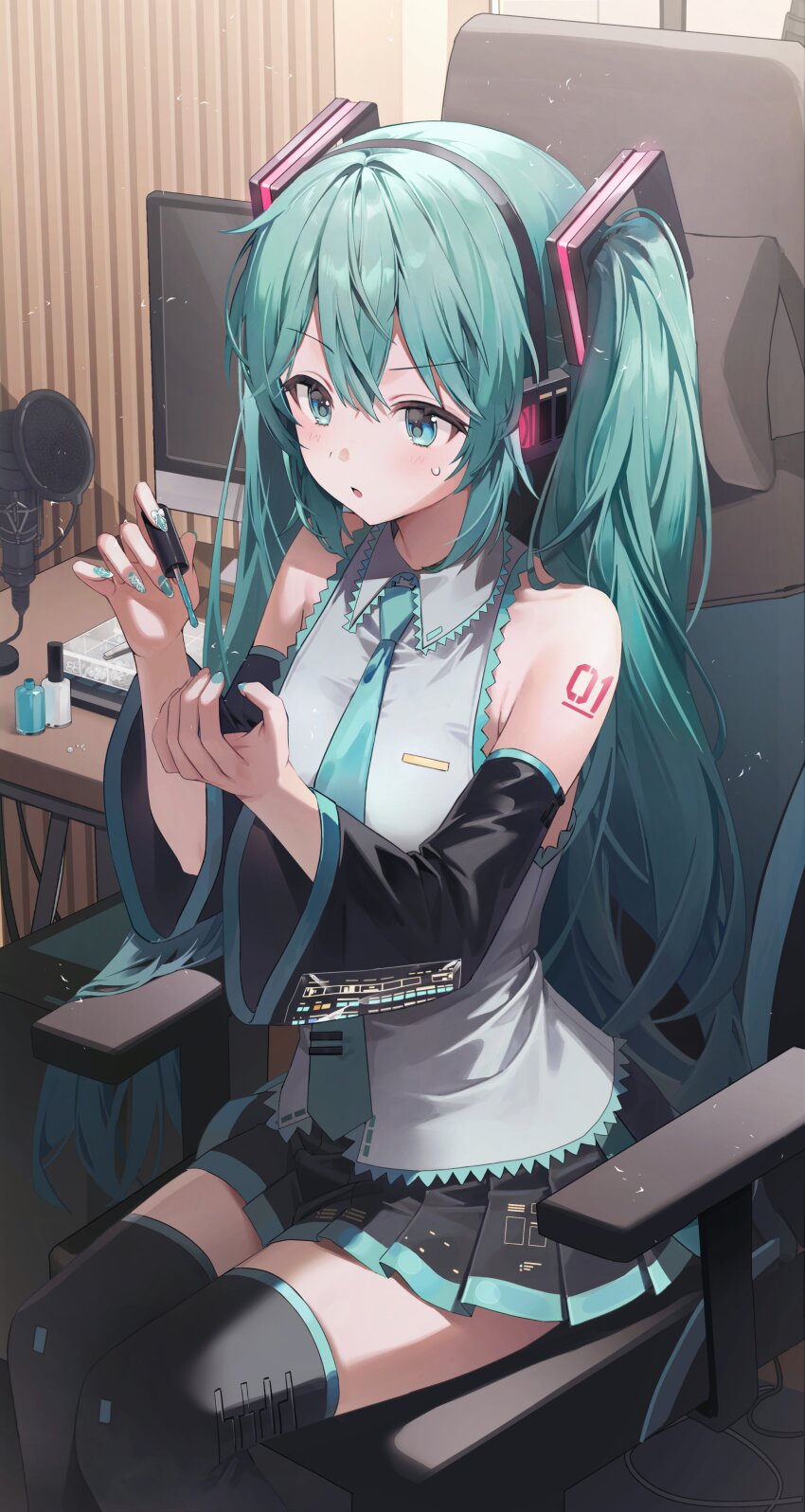 1girl absurdres applying_manicure aqua_eyes aqua_hair aqua_nails aqua_necktie aqua_trim bare_shoulders black_skirt black_sleeves black_thighhighs blush breasts chair collared_shirt cosmetics crossed_bangs detached_sleeves emduck frilled_shirt frills gaming_chair grey_shirt hair_between_eyes hair_ornament hands_up hashtag-only_commentary hatsune_miku headphones highres holding indoors long_hair long_sleeves looking_at_hand microphone miniskirt monitor nail_polish nail_polish_bottle nail_polish_brush necktie number_tattoo on_chair piano_print pleated_skirt pop_filter shirt shoulder_tattoo sidelocks sitting skirt sleeveless sleeveless_shirt solo sweatdrop swivel_chair tattoo thighhighs tie_clip twintails untucked_shirt very_long_hair vocaloid wide_sleeves zettai_ryouiki