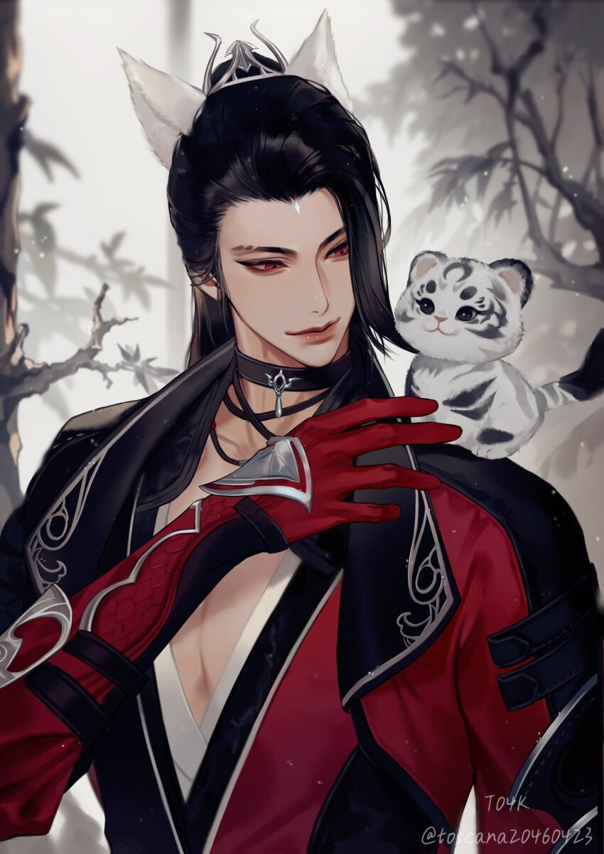 animal animal_ears animal_on_shoulder artist_name black_choker black_hair character_request chinese_commentary choker closed_mouth collarbone commentary_request elbow_gloves gloves hair_ornament highres jacket long_hair looking_at_animal male_focus nature nishui_han outdoors pectorals red_eyes red_gloves red_jacket snowing solo thick_lips tiger toscana20460423 tsurime twitter_username upper_body white_tiger