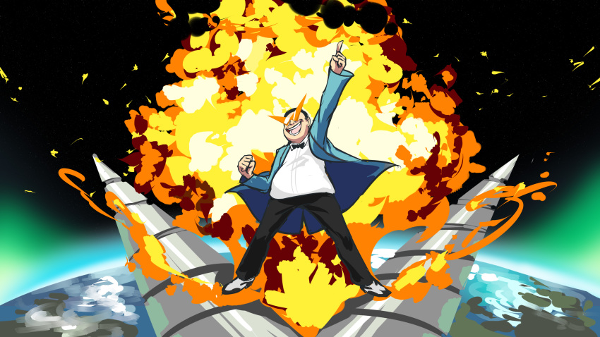 1boy absurdres bow bowtie clenched_hand drill explosion formal_clothes gangnam_style highres k-pop kamina_pose kamina_shades male_focus manly musician parody pointing pointing_up psy short_hair solo suit sunglasses tengen_toppa_gurren_lagann traditional_bowtie triangular_eyewear triple-q