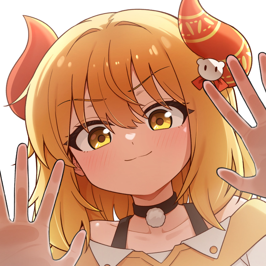 1girl against_fourth_wall bare_shoulders black_choker blonde_hair choker closed_mouth collarbone dress frown golmonggu hair_ornament highres horns light_blush looking_at_viewer mase_(hwangabi) medium_hair multicolored_clothes off-shoulder_dress off_shoulder original pom_pom_(clothes) red_horns simple_background smile v-shaped_eyebrows white_background white_dress yellow_dress yellow_eyes