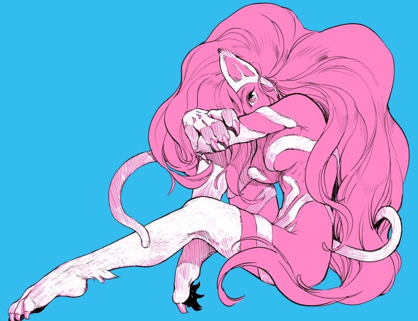 1girl ahn_dongshik animal_ears animal_hands big_hair blue_background body_fur breasts calves cat_ears cat_girl cat_paws cat_tail claws crossed_arms darkstalkers felicia_(darkstalkers) full_body hand_on_own_arm head_down head_on_knee head_tilt highres knee_up large_breasts limited_palette linea_alba long_hair looking_at_viewer looking_to_the_side one_eye_covered outstretched_leg pink_theme ribs simple_background sitting solo tail tail_wrap white_fur