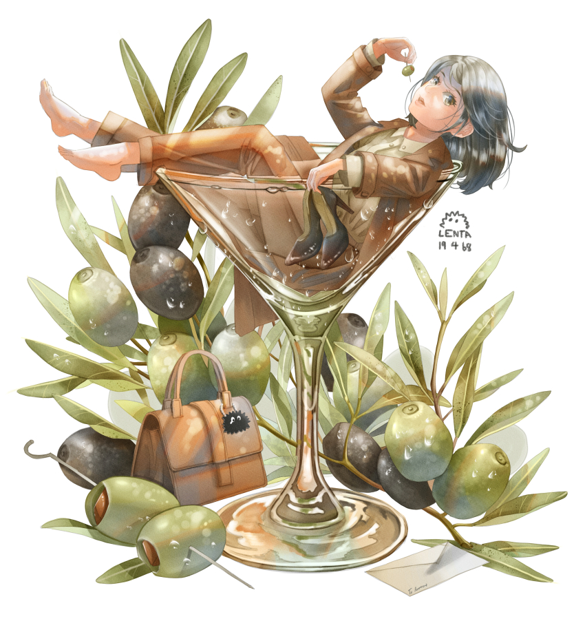 1girl absurdres alcohol bag barefoot black_hair bottle cocktail_glass collared_shirt commentary creature cup drinking_glass food food_focus formal_clothes handbag hazel_eyes high_heels highres holding holding_shoes in_bottle in_container jacket lenta looking_at_viewer martini olive original pant_suit pants shirt shoes suit wet wet_clothes