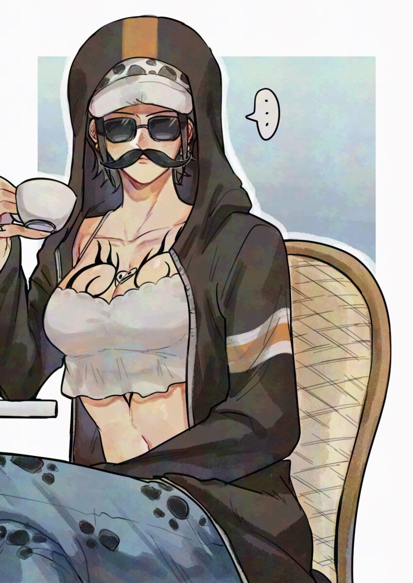 ... 1girl black_hair blue_background border breast_tattoo breasts chair chest_tattoo cleavage closed_mouth coat collarbone crop_top cup denim disguise earrings expressionless fake_facial_hair fake_mustache feet_out_of_frame finger_tattoo fur_hat genderswap genderswap_(mtf) hat highres holding holding_cup hood hood_up hooded_coat jeans jewelry law-chan looking_at_viewer medium_breasts one_piece open_clothes open_coat outline outside_border panther_print pants short_hair sitting solo speech_bubble sunglasses tattoo teacup tiradmisx trafalgar_law white_border white_outline