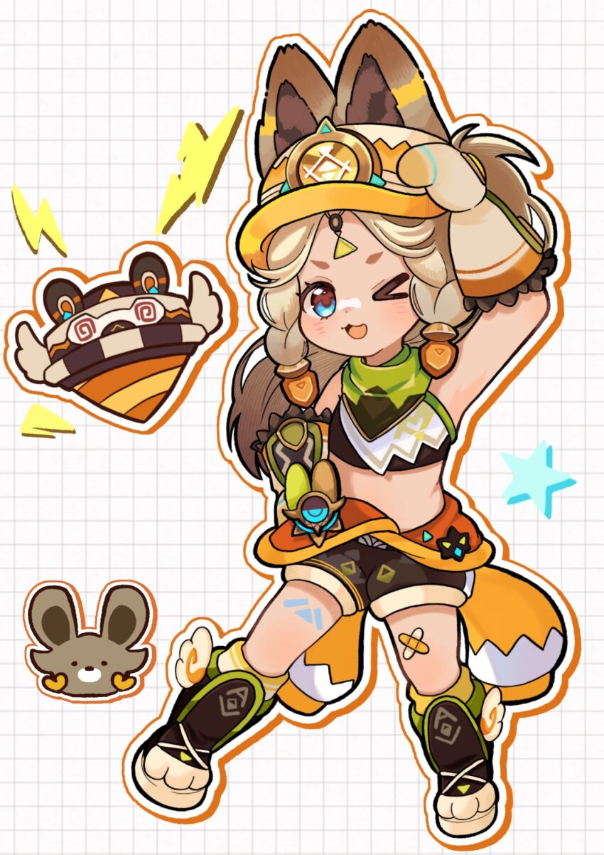 &gt;_o 1girl ;d bandage_on_knee bandana bandana_around_neck bare_shoulders black_footwear black_shorts blue_eyes blush brown_hair chinchilla_ears clothes_around_waist crop_top fur-trimmed_mittens fur_trim genshin_impact green_bandana grid_background hand_up hashtag-only_commentary highres jacket jacket_around_waist kachina_(genshin_impact) kogamo_(user_vajm2737) light_brown_hair long_hair looking_at_viewer mittens multicolored_hair one_eye_closed open_mouth orange_jacket orange_mittens orange_visor outline shorts smile solo star_(symbol) stomach white_background white_mittens white_outline
